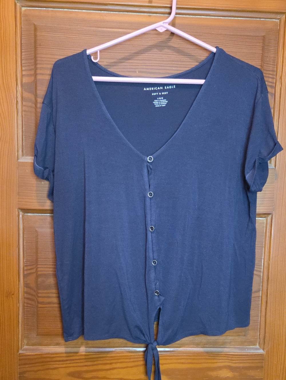 American Eagle Outfitters Navy Short-Sleeve Button Front Tie Hem Shirt